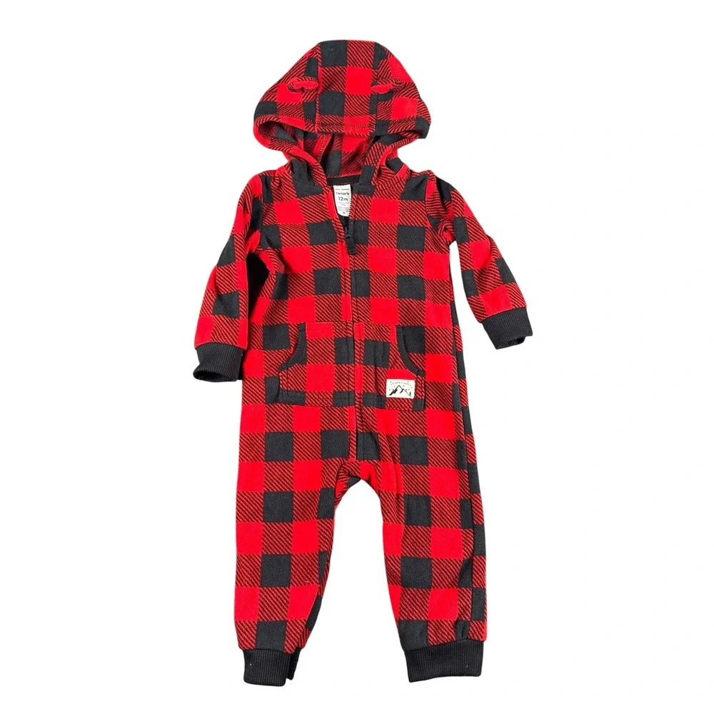Carters Baby 12M Red Black Buffalo Plaid Fleece‎ Hooded Jumpsuit Romper 1I963610